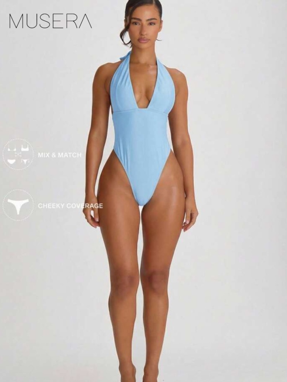 Light Blue Halter One-Piece Swimsuit - Women Swim